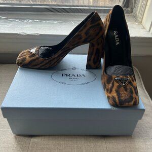 Prada Logo Plaque Suede Pump in Leopard Print, Sz 38.5